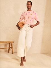 Love & Roses Pink Floral Embroidered Detail Crew Neck Short Sleeve Knitted Top - Image 4 of 5
