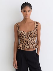 Reiss Neutral Rema Cotton Leopard-Print Bustier Top - Image 1 of 7
