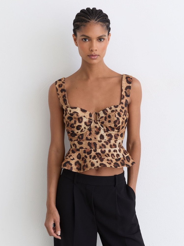 Reiss Neutral Rema Cotton Leopard-Print Bustier Top - Image 1 of 7