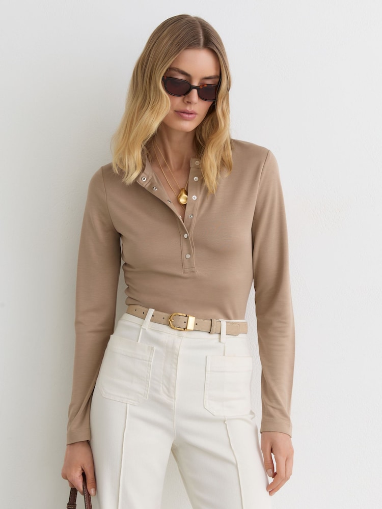 Reiss Camel Alina Jersey Long-Sleeve Henley Top - Image 1 of 6 Reiss Camel Alina Jersey Long-Sleeve Henley Top - Image 1 of 6