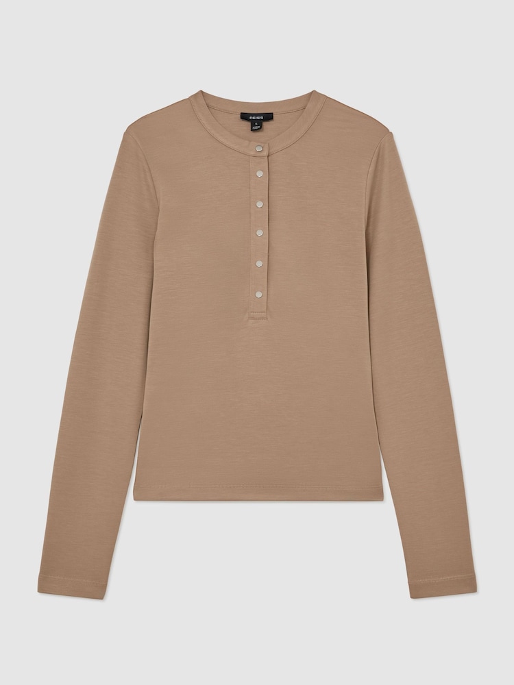Reiss Camel Alina Jersey Long-Sleeve Henley Top - Image 2 of 6 Reiss Camel Alina Jersey Long-Sleeve Henley Top - Image 2 of 6