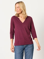 FatFace Aster Dark Purple 3/4 Sleeve V-Neck T-Shirt - Image 1 of 6