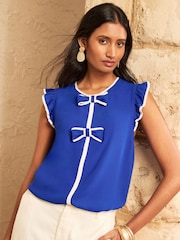 Love & Roses Cobalt Blue Petite Bow Crew Neck Flutter Sleeve Blouse - Image 1 of 4