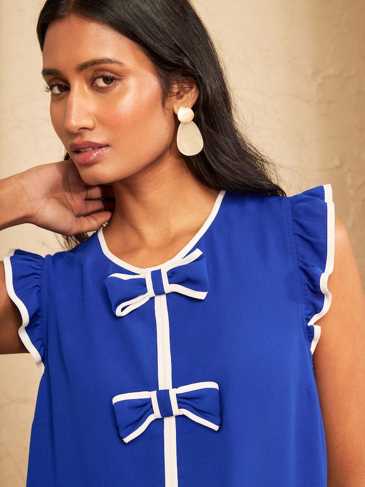 Love & Roses Cobalt Blue Petite Bow Crew Neck Flutter Sleeve Blouse - Image 2 of 4