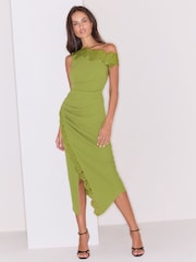 Lipsy Olive Green Lace Trim Off The Shoulder Gathered Waist Midi Dress - Image 1 of 5