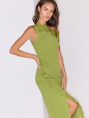 Lipsy Olive Green Lace Trim Off The Shoulder Gathered Waist Midi Dress - Image 3 of 5