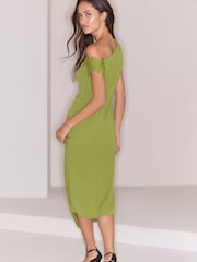 Lipsy Olive Green Lace Trim Off The Shoulder Gathered Waist Midi Dress - Image 5 of 5