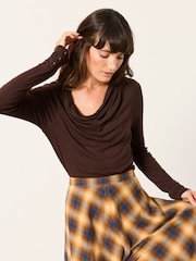 FatFace Lola Chocolate Brown Long Sleeve Cowl Neck Top - Image 1 of 6