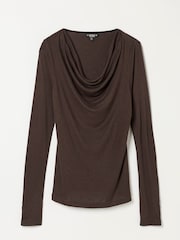 FatFace Lola Chocolate Brown Long Sleeve Cowl Neck Top - Image 6 of 6