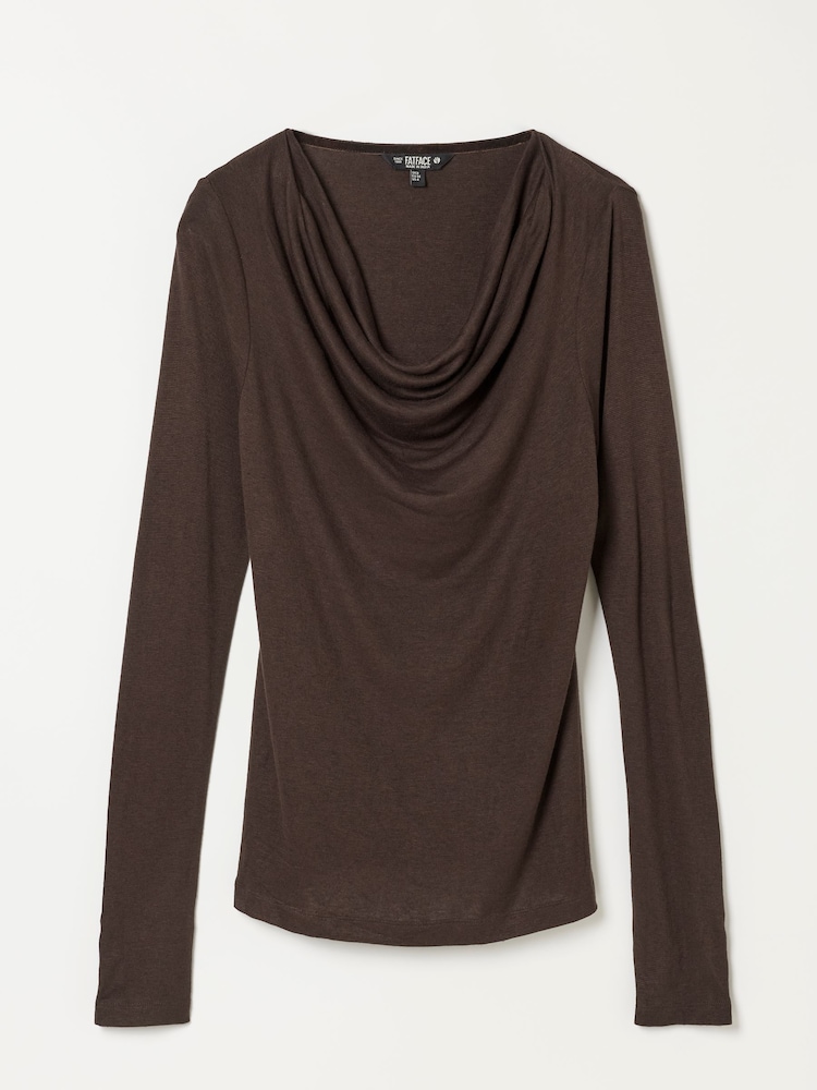 FatFace Lola Chocolate Brown Long Sleeve Cowl Neck Top - Image 6 of 6
