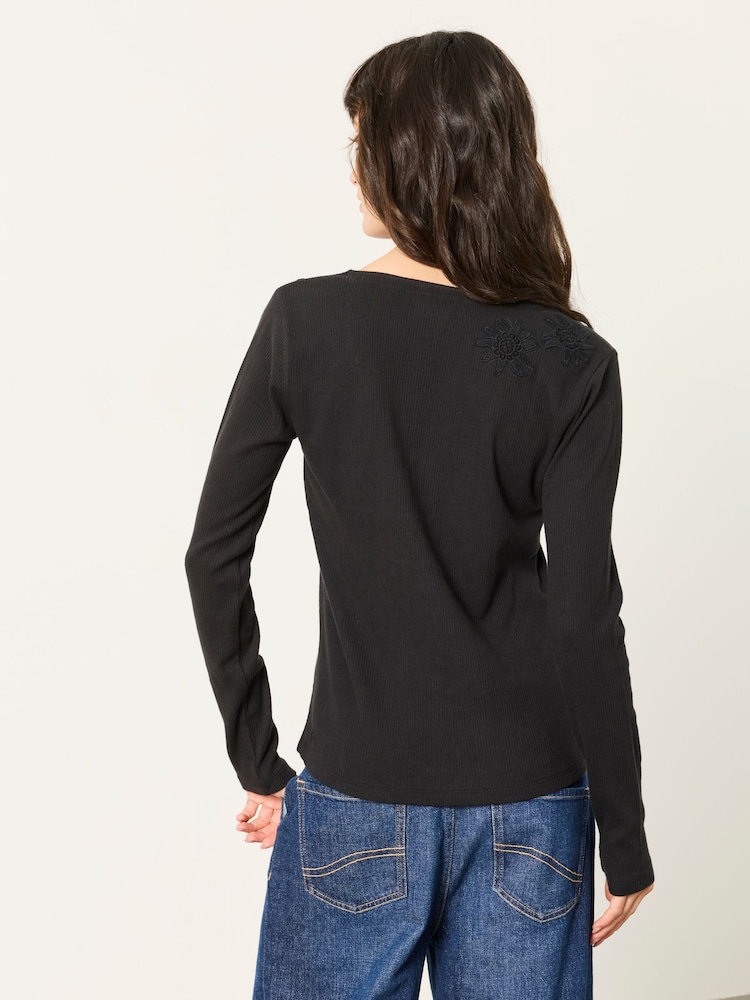 FatFace Edie Black Applique Floral Top - Image 2 of 6