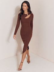 Lipsy Chocolate Brown Knitted Cut Out Detail Midi Dress - Image 3 of 6