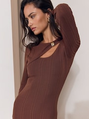 Lipsy Chocolate Brown Knitted Cut Out Detail Midi Dress - Image 4 of 6
