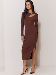 Lipsy Chocolate Brown Knitted Cut Out Detail Midi Dress - Image 5 of 6