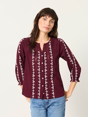 FatFace Harper Burgundy Red Embroidered Top - Image 1 of 5