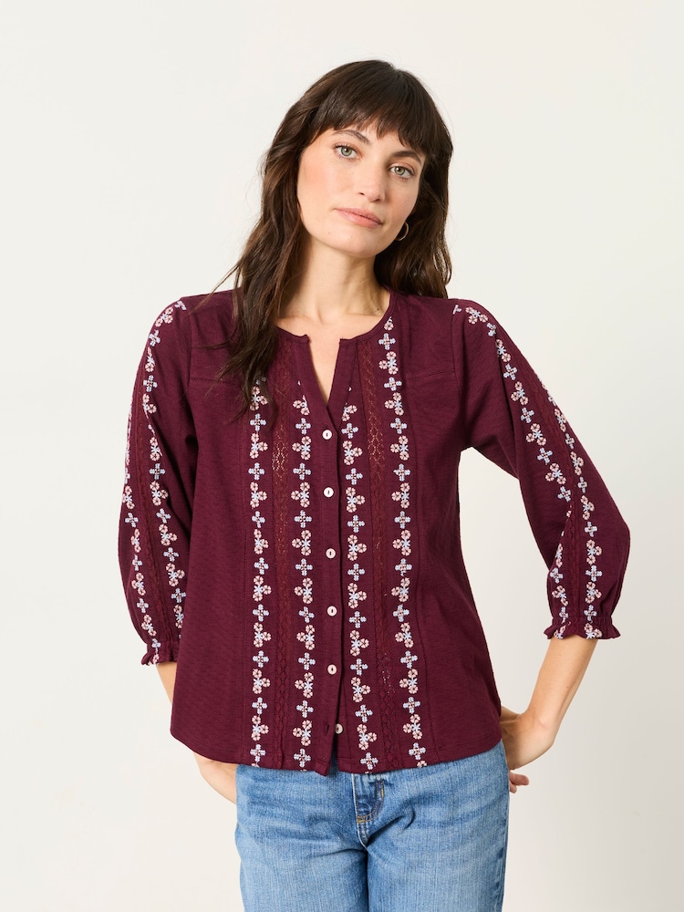 FatFace Harper Burgundy Red Embroidered Top - Image 1 of 5 FatFace Harper Burgundy Red Embroidered Top - Image 1 of 5