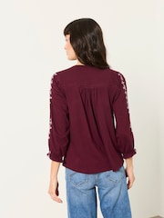 FatFace Harper Burgundy Red Embroidered Top - Image 2 of 5