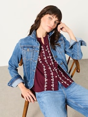 FatFace Harper Burgundy Red Embroidered Top - Image 4 of 5