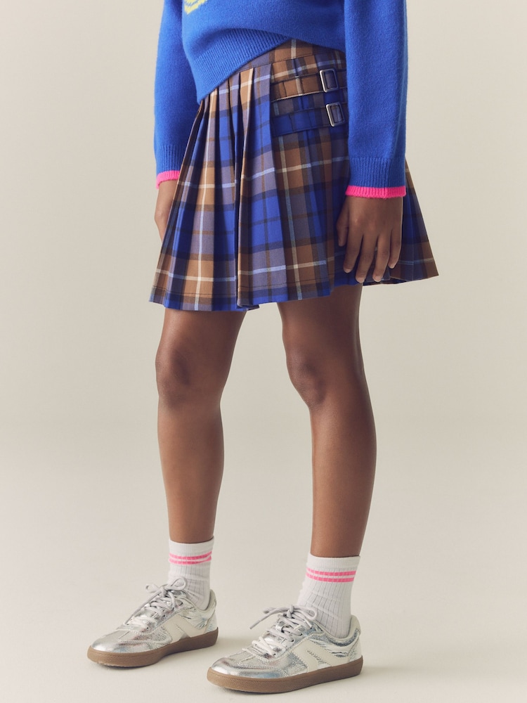 Cobalt Blue / Tan Check Pleated Kilt Skirt (3-16yrs) - Image 1 of 8 Cobalt Blue / Tan Check Pleated Kilt Skirt (3-16yrs) - Image 1 of 8