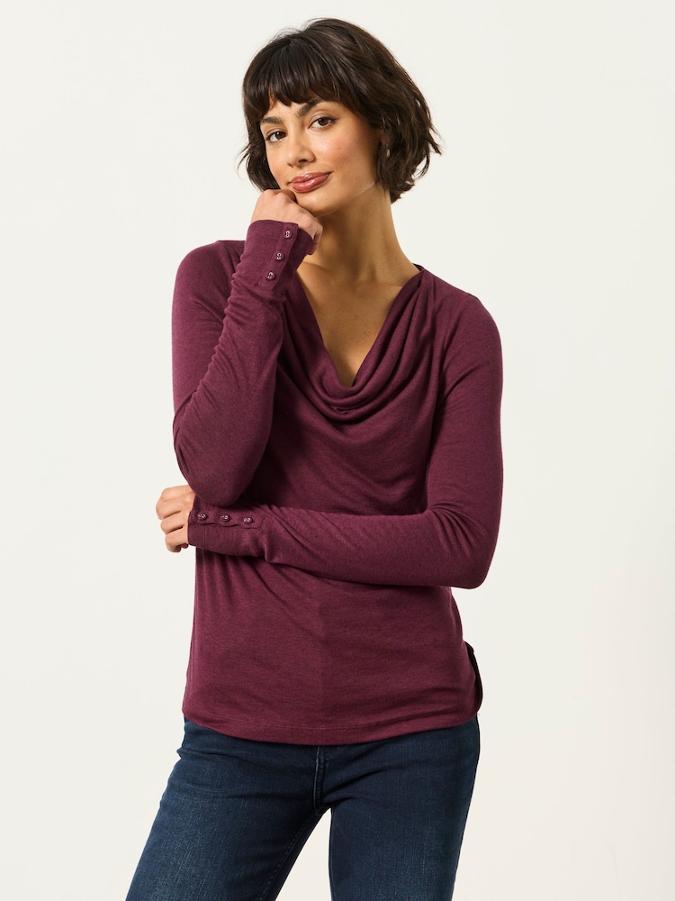 FatFace Lola Plum Purple Long Sleeve Cowl Neck Top - Image 1 of 5