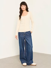 FatFace Bethan Ecru Button Ribbed Long Sleeve Top - Image 1 of 5