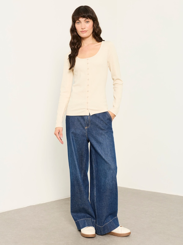 FatFace Bethan Ecru Button Ribbed Long Sleeve Top - Image 1 of 5