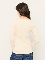 FatFace Bethan Ecru Button Ribbed Long Sleeve Top - Image 3 of 5