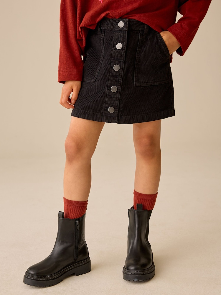 Black Cord Button Front Detail Skirt (3-16yrs) - Image 1 of 4 Black Cord Button Front Detail Skirt (3-16yrs) - Image 1 of 4