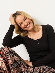 FatFace Bethan Black Button Ribbed Long Sleeve Top - Image 5 of 6