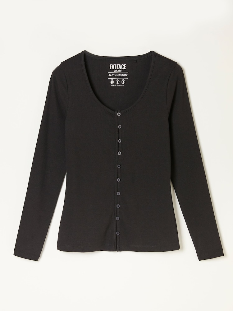FatFace Bethan Black Button Ribbed Long Sleeve Top - Image 6 of 6