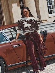 Lipsy x Gemma Owen Cream and Burgundy Red Horse Detail Knitted Jumper - Image 3 of 7