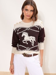 Lipsy x Gemma Owen Cream and Burgundy Red Horse Detail Knitted Jumper - Image 5 of 7