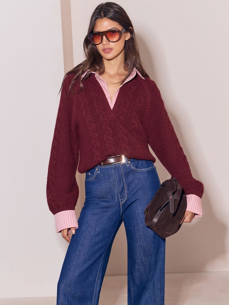 Lipsy Burgundy Red Pink Stripe V-Neck Shirt 2-in-1 Knitted Jumper - Image 1 of 5
