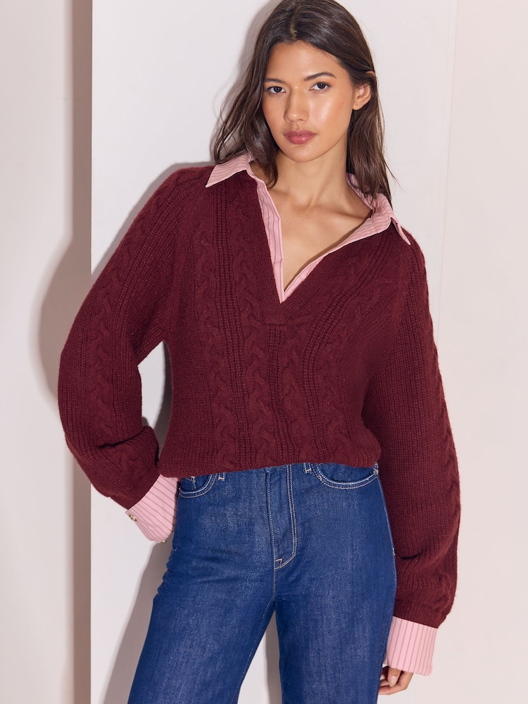 Lipsy Burgundy Red Pink Stripe V-Neck Shirt 2-in-1 Knitted Jumper - Image 2 of 5