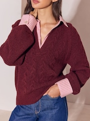 Lipsy Burgundy Red Pink Stripe V-Neck Shirt 2-in-1 Knitted Jumper - Image 3 of 5
