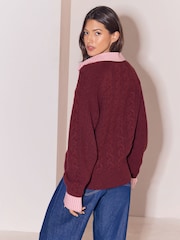 Lipsy Burgundy Red Pink Stripe V-Neck Shirt 2-in-1 Knitted Jumper - Image 4 of 5