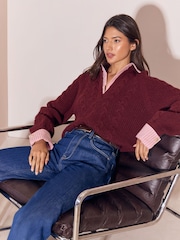 Lipsy Burgundy Red Pink Stripe V-Neck Shirt 2-in-1 Knitted Jumper - Image 5 of 5