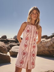 Pink/Red Embroidered Mini Shift Dress With Linen - Image 1 of 5