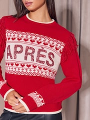 Lipsy Red Sequin Apres Ski Fringe Detail Jumper - Image 3 of 5
