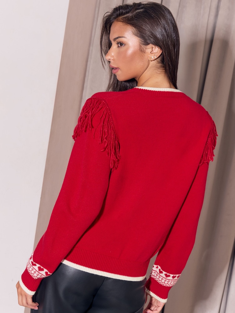 Lipsy Red Sequin Apres Ski Fringe Detail Jumper - Image 5 of 5