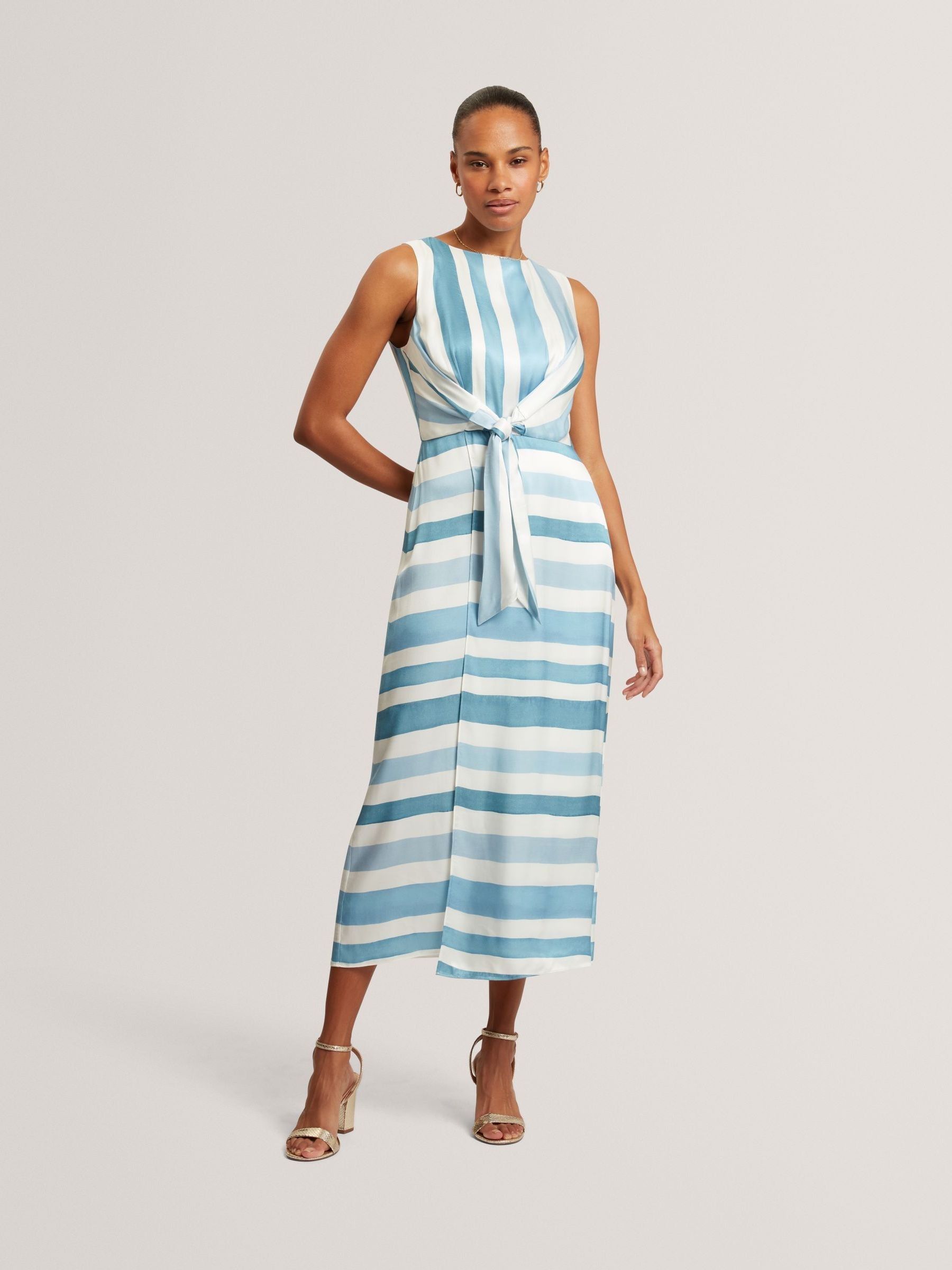 Ted Baker Women's Cream Blue Stripe Tie Front Sleeveless Midi Dress in Size 14, Sports Direct - Image 4