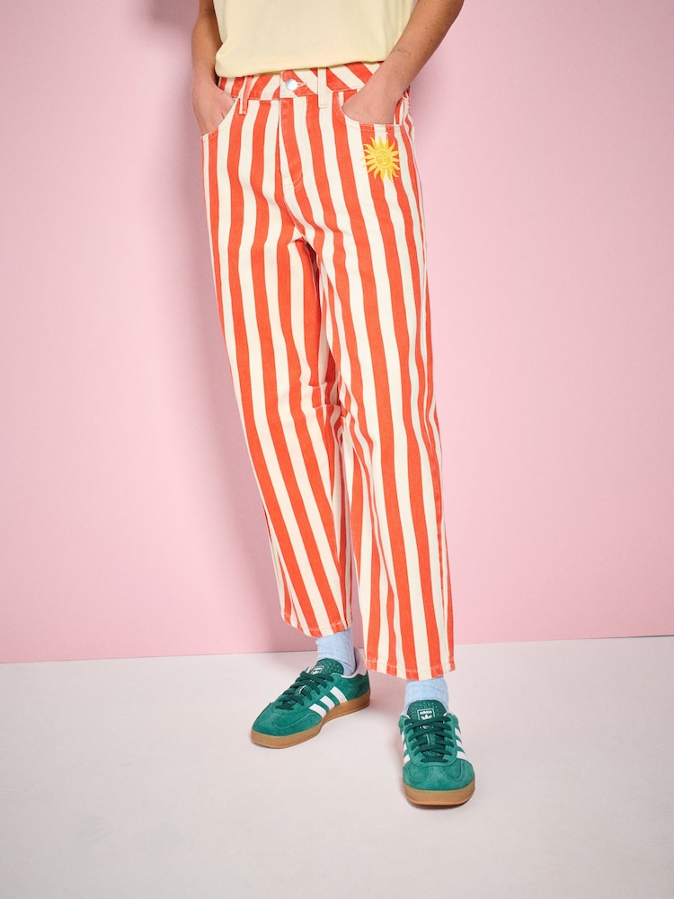 Eleanor Bowmer Red/Ecru Stripe Embroidered Pocket Barrel Leg Jeans - Image 2 of 6