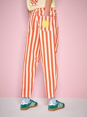 Eleanor Bowmer Red/Ecru Stripe Embroidered Pocket Barrel Leg Jeans - Image 3 of 6