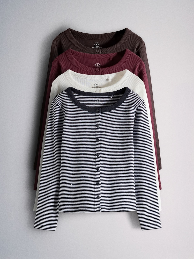 The Set 4 Pack Long Sleeve Rib Jersey Button Through Tops - 7суретінің 1 суреті