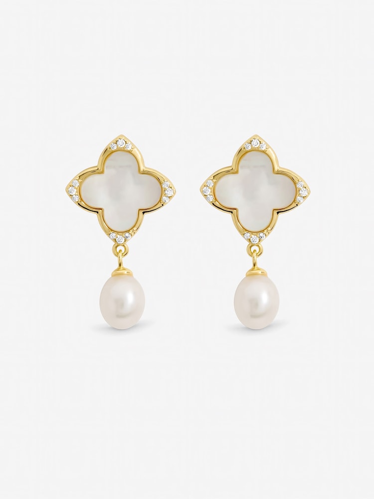 Jon Richard Gold Tone Mother of Pearl and Pearl Clover Earrings - Image 1 of 2