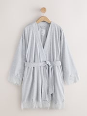 Light Grey Lace Detail Ribbed Lightweight Dressing Gown - Image 1 of 3