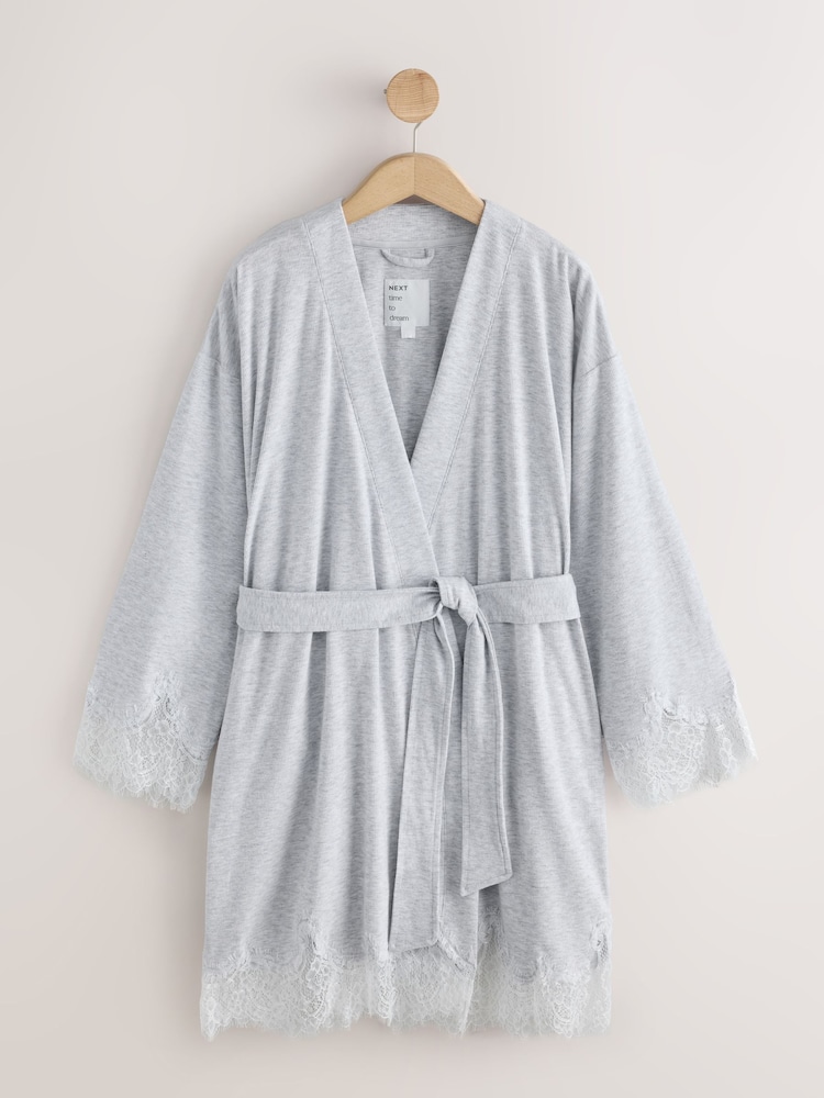 Light Grey Lace Detail Ribbed Lightweight Dressing Gown - Image 1 of 3