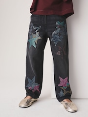 Charcoal Grey Star Diamante - Džíny Rovný střih (3-16let) - Obrázek 1 z 9