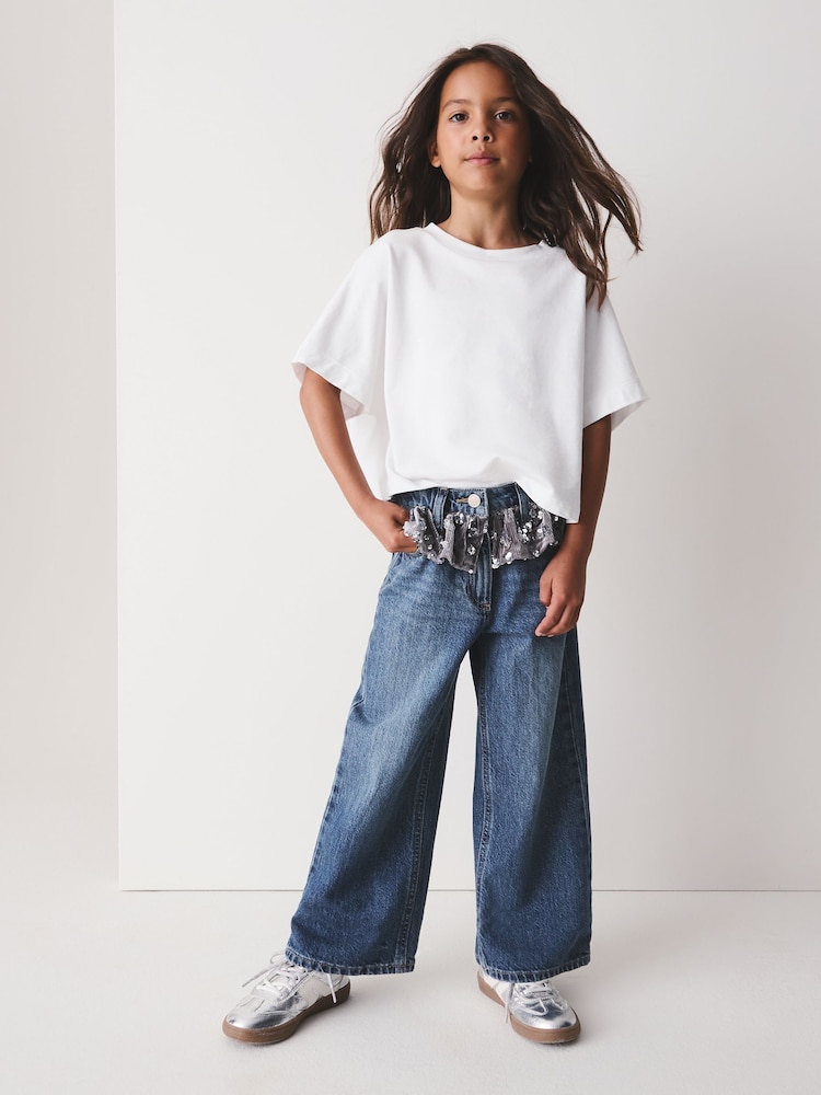 Blue Denim Sequin Peplum Wide Leg Jeans (3-16yrs) - Image 1 of 8 Blue Denim Sequin Peplum Wide Leg Jeans (3-16yrs) - Image 1 of 8
