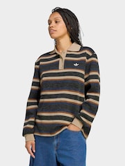 adidas Originals Black/Cream Stripe Knitted Polo Top - Image 1 of 6